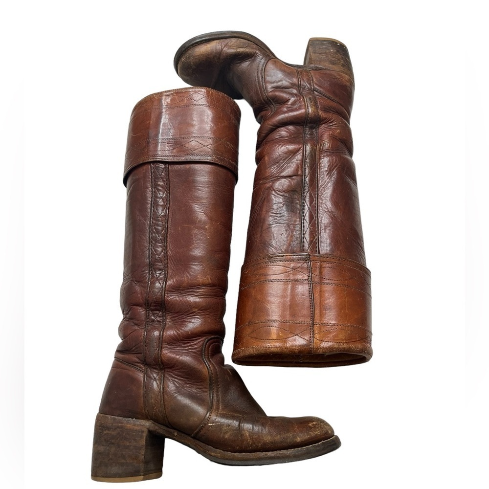 FRYE Campus Boot 8503 Vintage 70s-80s Tall Cuffed Brown Leather Stacked Heel 5B